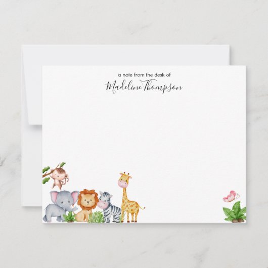 Cute Safari Oerwoud Animals Kinder Elegant Script Notitiekaartje (Voorkant)