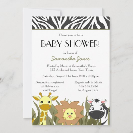 Cute Safari Oerwoud Baby shower Uitnodiging (Voorkant)