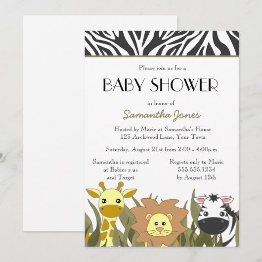 Cute Safari Oerwoud Baby shower Uitnodiging (Voorkant / Achterkant)