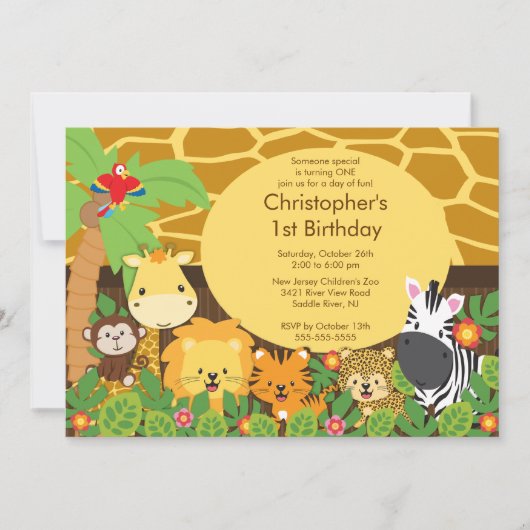 Cute Safari Oerwoud Birthday Party Invitations Kaart (Voorkant)
