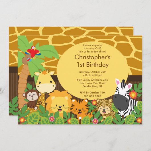 Cute Safari Oerwoud Birthday Party Invitations Kaart (Voorkant / Achterkant)