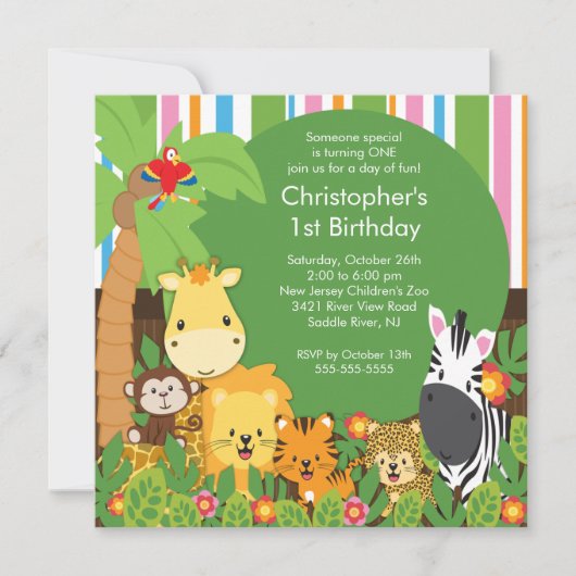Cute Safari Oerwoud Birthday Party Invitations Kaart (Voorkant)
