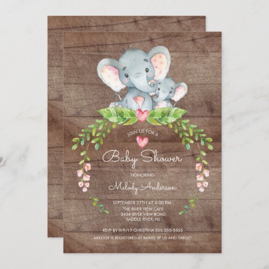 Cute Safari Oerwoud Elephant Baby shower Invitatio Kaart (Voorkant / Achterkant)