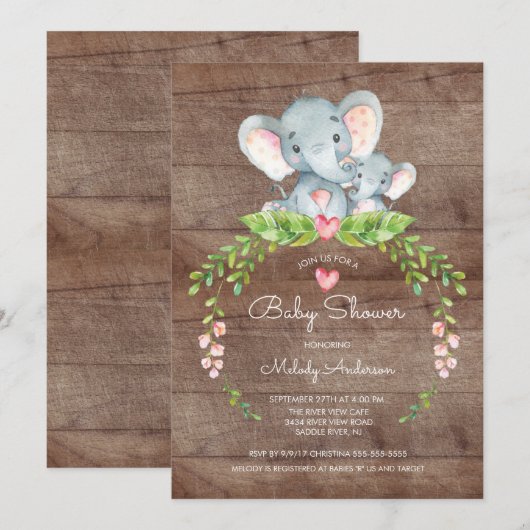 Cute Safari Oerwoud Elephant Baby shower Invitatio Kaart (Voorkant / Achterkant)