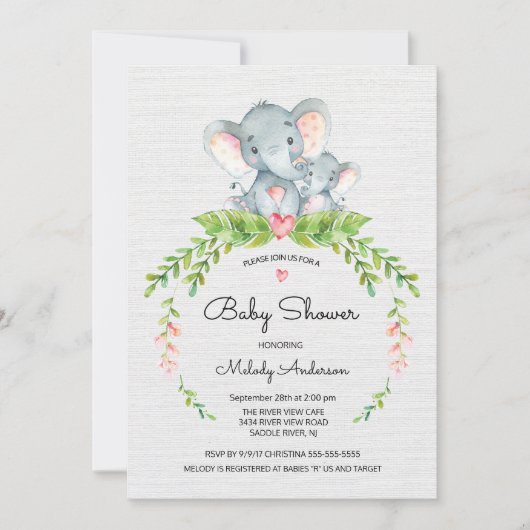 Cute Safari Oerwoud Elephant Baby shower Invitatio Kaart (Voorkant)