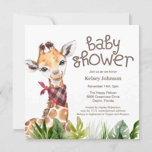 Cute Safari Oerwoud Giraffe Baby shower Kaart (Voorkant)