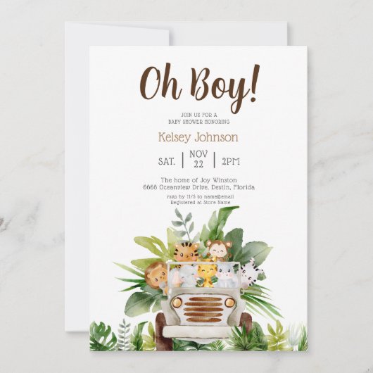 Cute Safari Oerwoud Zoo Animals Boy Baby shower Kaart (Voorkant)