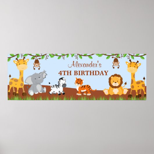 Cute Safari Oerwouden Birthday Party Banner Poster (Voorkant)