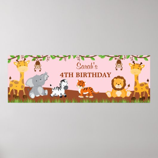 Cute Safari Oerwouden Birthday Party Banner Poster (Voorkant)
