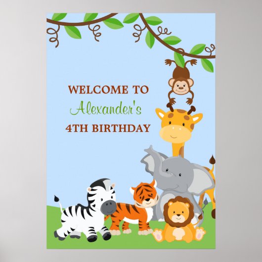 Cute Safari Oerwouden Birthday Party Banner Poster (Voorkant)