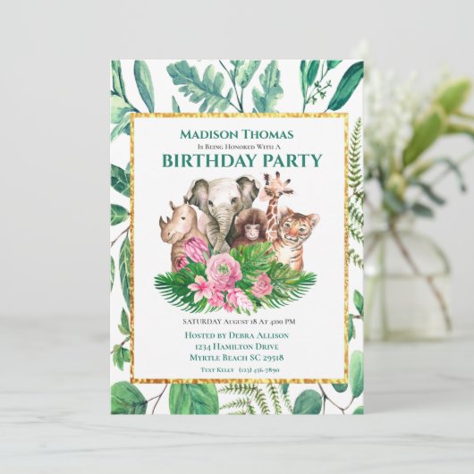 Cute Safari Oerwouden Birthday Party Invitati Kaart (Staand voorkant)
