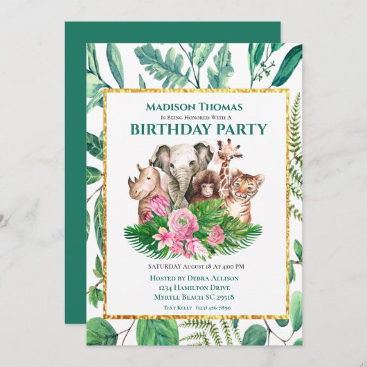 Cute Safari Oerwouden Birthday Party Invitati Kaart (Voorkant / Achterkant)