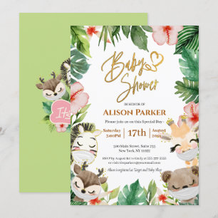 Cute Safari Pink Floral Greenery Baby Girl Shower Kaart
