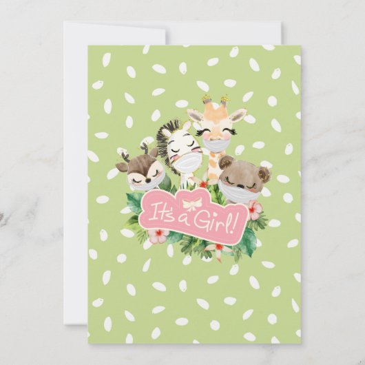 Cute Safari Pink Floral Greenery Baby Girl Shower Kaart (Achterkant)