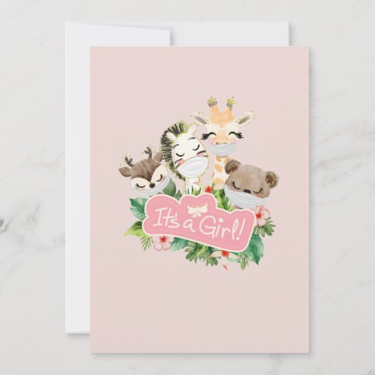 Cute Safari Pink Floral Greenery Baby Girl Shower Kaart (Achterkant)