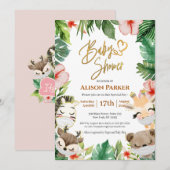 Cute Safari Pink Floral Greenery Baby Girl Shower Kaart (Voorkant / Achterkant)