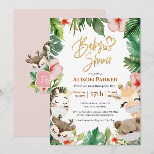 Cute Safari Pink Floral Greenery Baby Girl Shower Kaart (Voorkant / Achterkant)