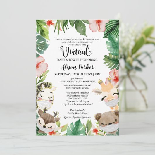 Cute Safari Pink Floral Greenery Baby Girl Virtual Kaart (Staand voorkant)