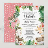 Cute Safari Pink Floral Greenery Baby Girl Virtual Kaart (Voorkant / Achterkant)