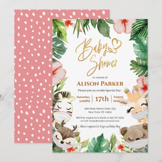 Cute Safari Pink Floral Greenery Baby shower Kaart (Voorkant / Achterkant)