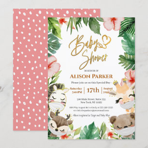Cute Safari Pink Floral Greenery Baby shower Kaart