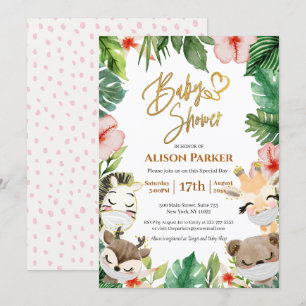 Cute Safari Pink Floral Greenery Baby shower Kaart