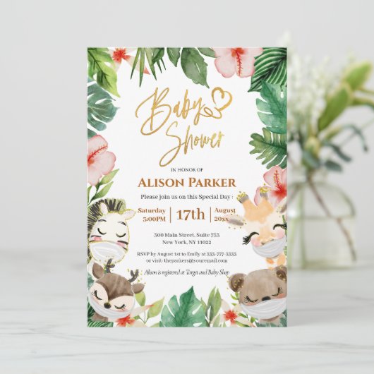 Cute Safari Roze Bloemige Groene Baby Shower Kaart (Staand voorkant)