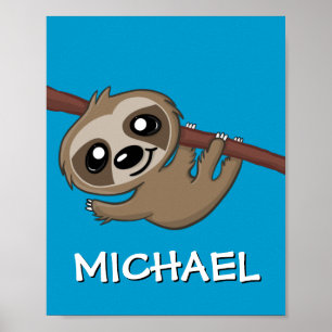 Cute Safari Sloth Cartoon Oerwoud Name Blue Zoo Poster