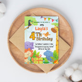 Cute Safari Thema 4e Verjaardagsuitnodiging voor K Kaart