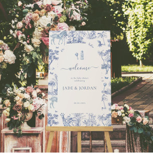 Cute Safari Toile de Jouy Blauwe baby shower Poster