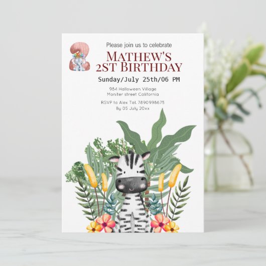 Cute Safari Zebra en olifant 2e verjaardag Kaart (Staand voorkant)