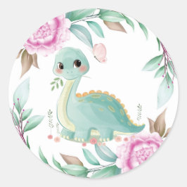 Cute Sage Dinosaur en Pink Peony Baby shower Ronde Sticker