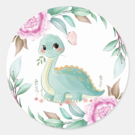 Cute Sage Dinosaur en Pink Peony Baby shower Ronde Sticker (Voorkant)