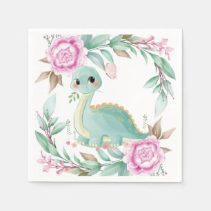Cute Sage Dinosaur en Pink Peony Baby shower Servet