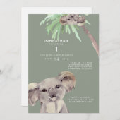 Cute Sage Koala Beer 1e verjaardag Uitnodiging (Voorkant / Achterkant)