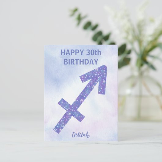 Cute Sagittarius Sign Custom Paars Happy Birthday Briefkaart (Staand voorkant)