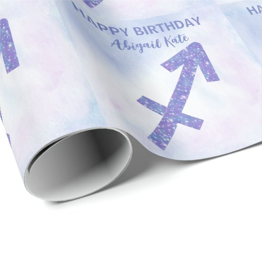 Cute Sagittarius Sign Custom Paars Happy Birthday Cadeaupapier (Rol Hoek)