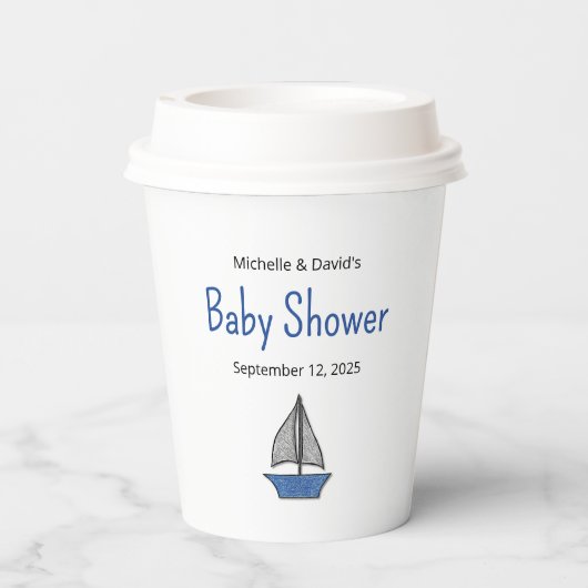 Cute Sailboat Nautical Baby Boy Couples Shower Papieren Bekers (Achterkant)