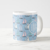 Cute Sailboat Pattern | Monogram Grote Koffiekop (Voorkant rechts)