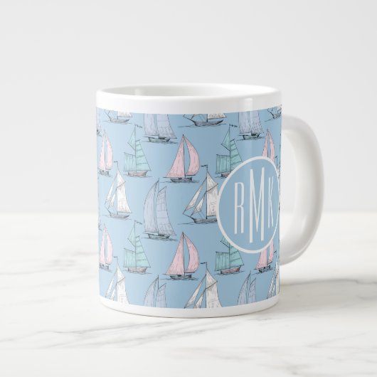 Cute Sailboat Pattern | Monogram Grote Koffiekop (Voorkant rechts)