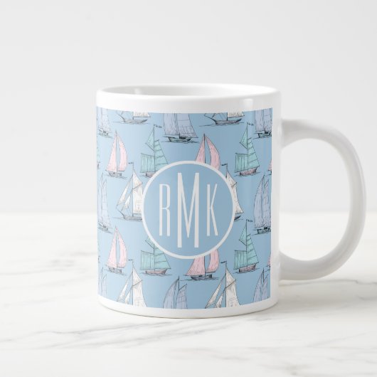 Cute Sailboat Pattern | Monogram Grote Koffiekop (Rechts)