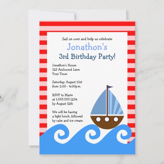 Cute Sailboat Red en Blue Birthday nodigt 5x7 uit Kaart (Voorkant)
