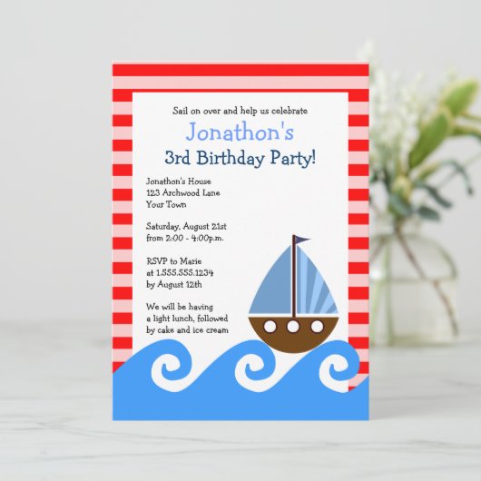 Cute Sailboat Red en Blue Birthday nodigt 5x7 uit Kaart (Staand voorkant)