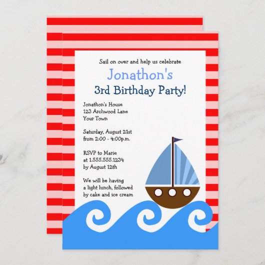 Cute Sailboat Red en Blue Birthday nodigt 5x7 uit Kaart (Voorkant / Achterkant)