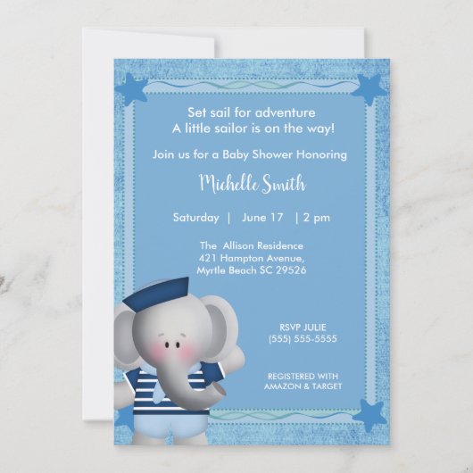Cute Sailor Elephant Baby shower Invitation Kaart (Voorkant)