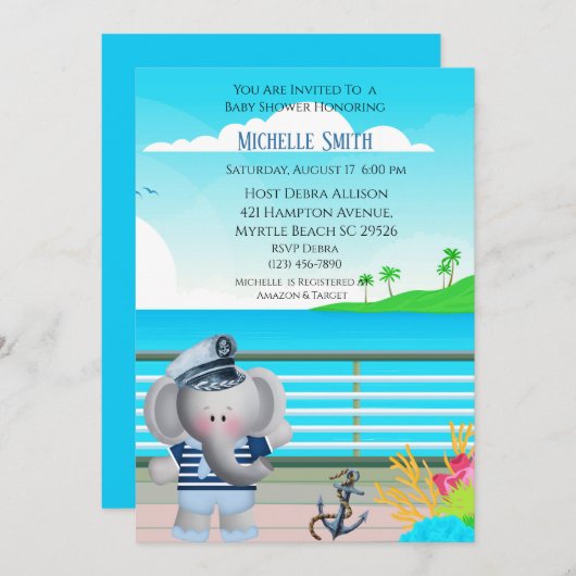 Cute Sailor Elephant Baby shower Invitation Kaart (Voorkant / Achterkant)