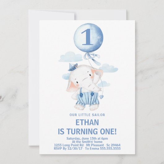 Cute Sailor Elephant Boy 1st Birthday Party Kaart (Voorkant)