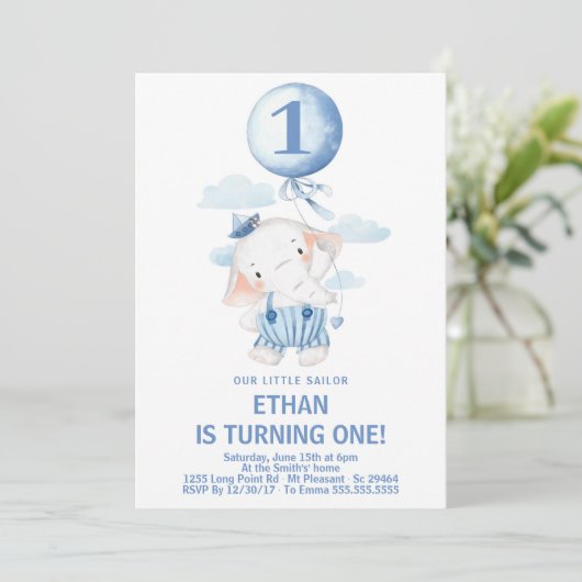 Cute Sailor Elephant Boy 1st Birthday Party Kaart (Staand voorkant)