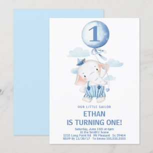 Cute Sailor Elephant Boy 1st Birthday Party Kaart