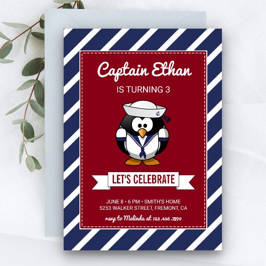Cute Sailor Penguin Nautical Birthday Invitation Kaart